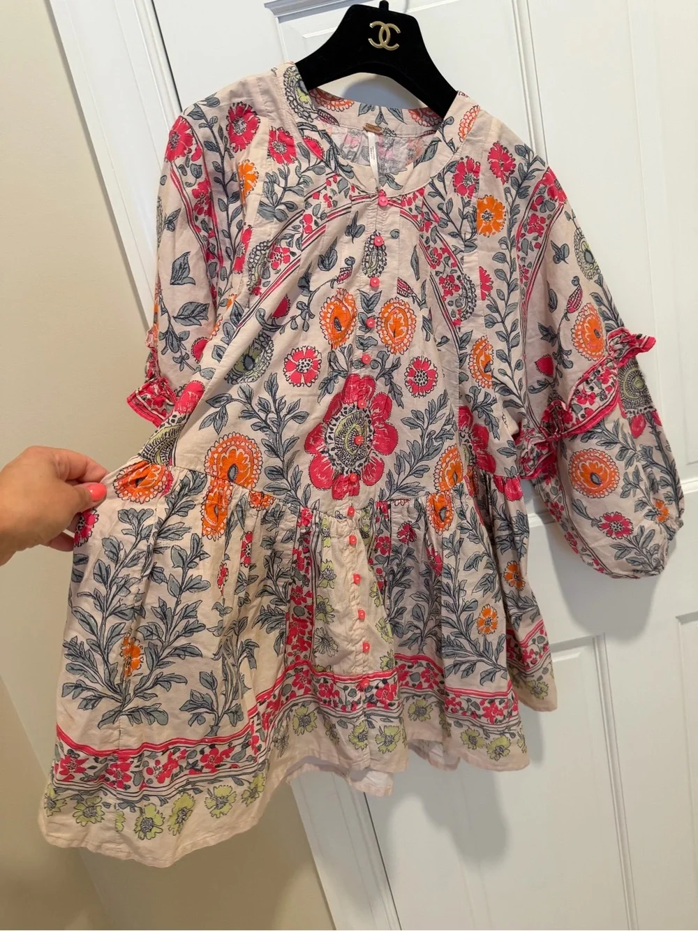 Free People Avery Tunic Puff Sleeves Cinched Waist Floral Peasant Statement Top